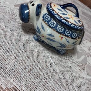 Hand-Painted Blue & White Ceramic Pig Jar with Floral Pattern